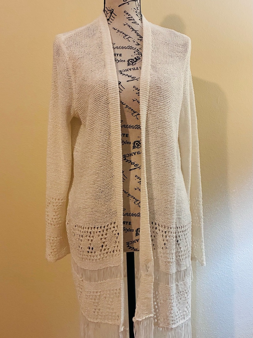 Michael Kors White Open-Front Crochet Fringe Cardigan
